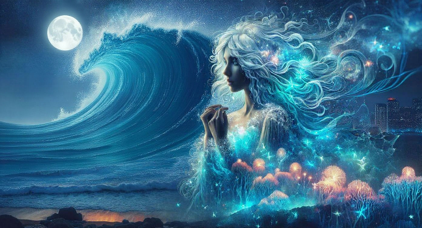 Bioluminescent Mermaid Double Exposure: Fantasy Summer Night