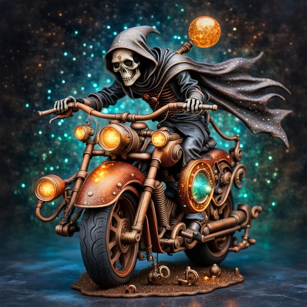 Steampunk Grim Reaper on Motorcycle in Surreal Style