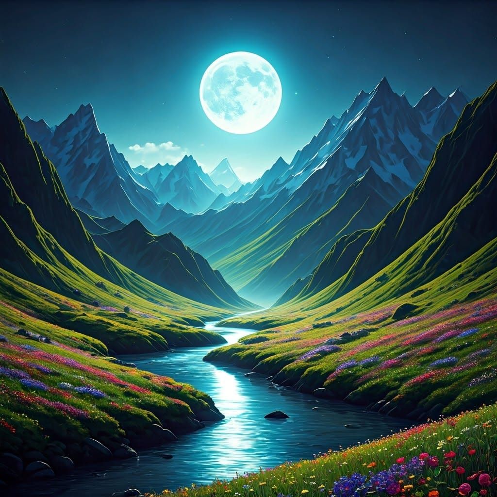 Moonlit River Valley in Vibrant, Dreamlike Landscapes