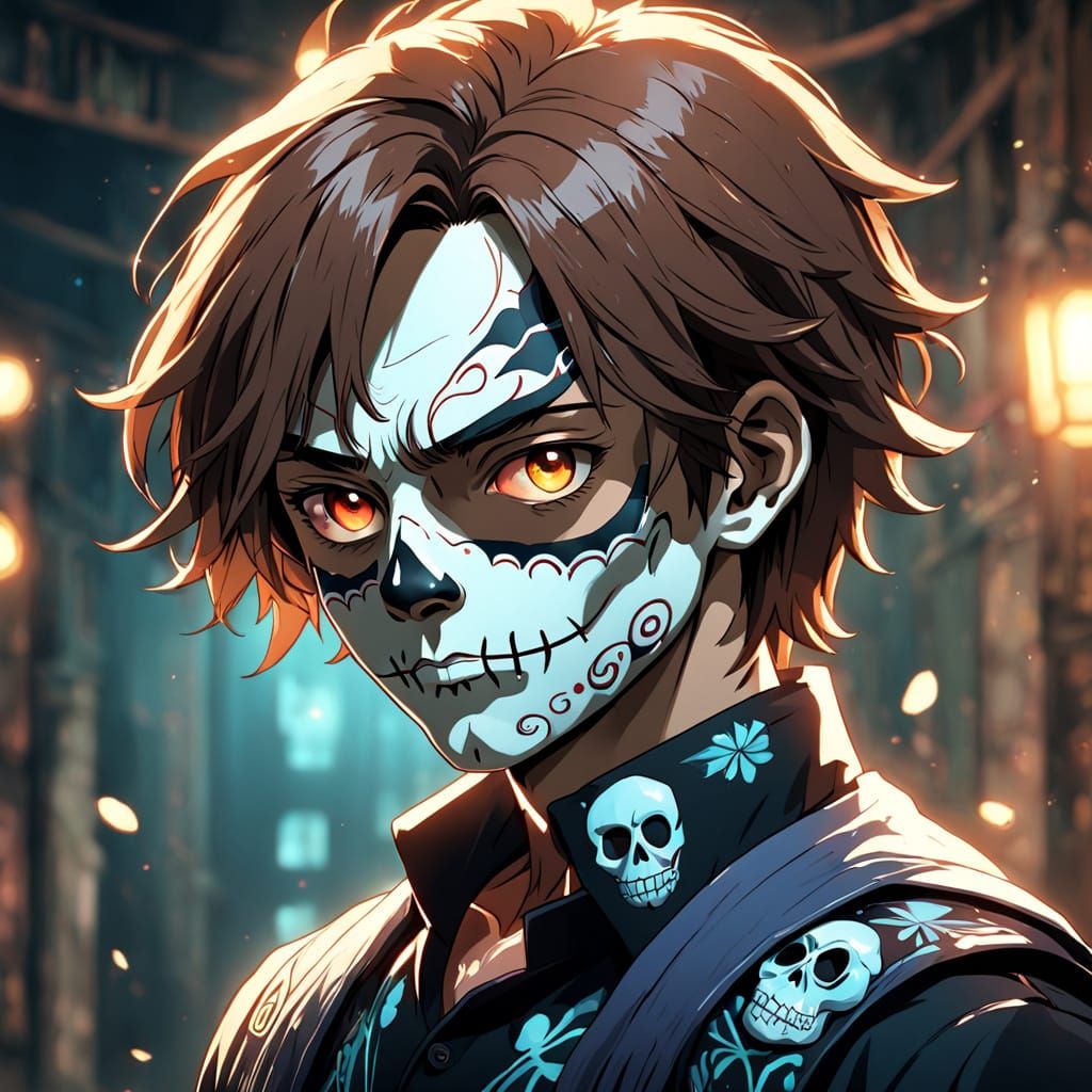 Man in Día de los Muertos Face Paint Portrait in Vibrant Man...