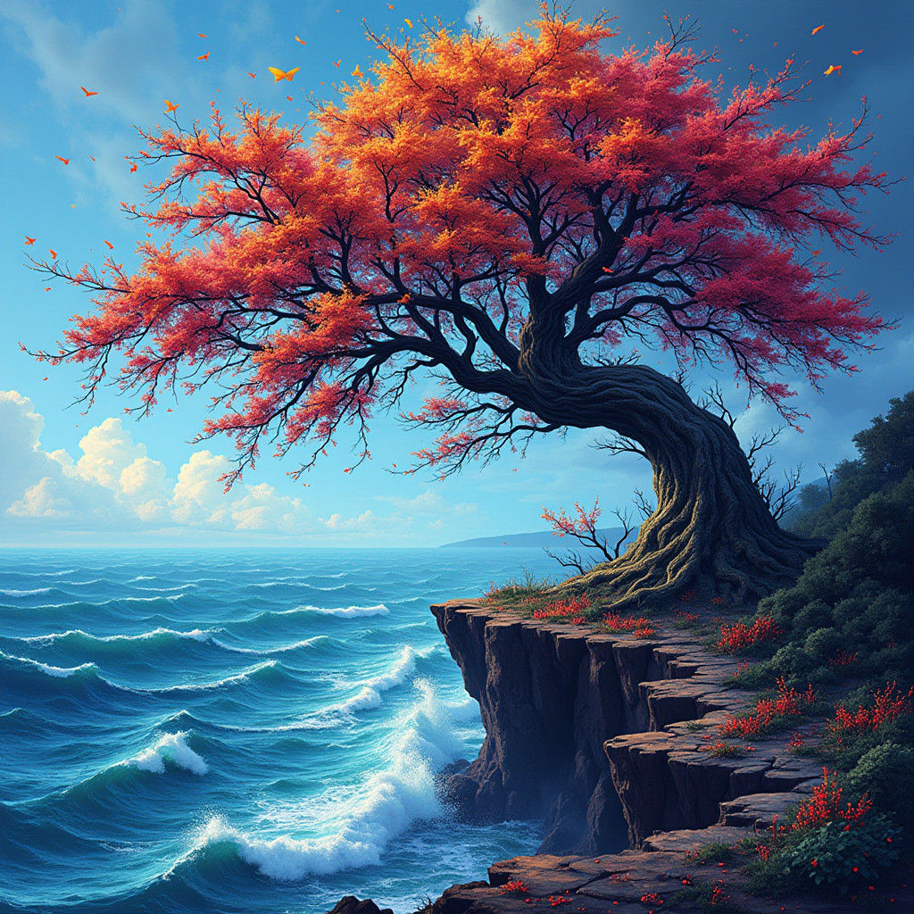 Psychedelic Tree of Life on Windswept Cliff