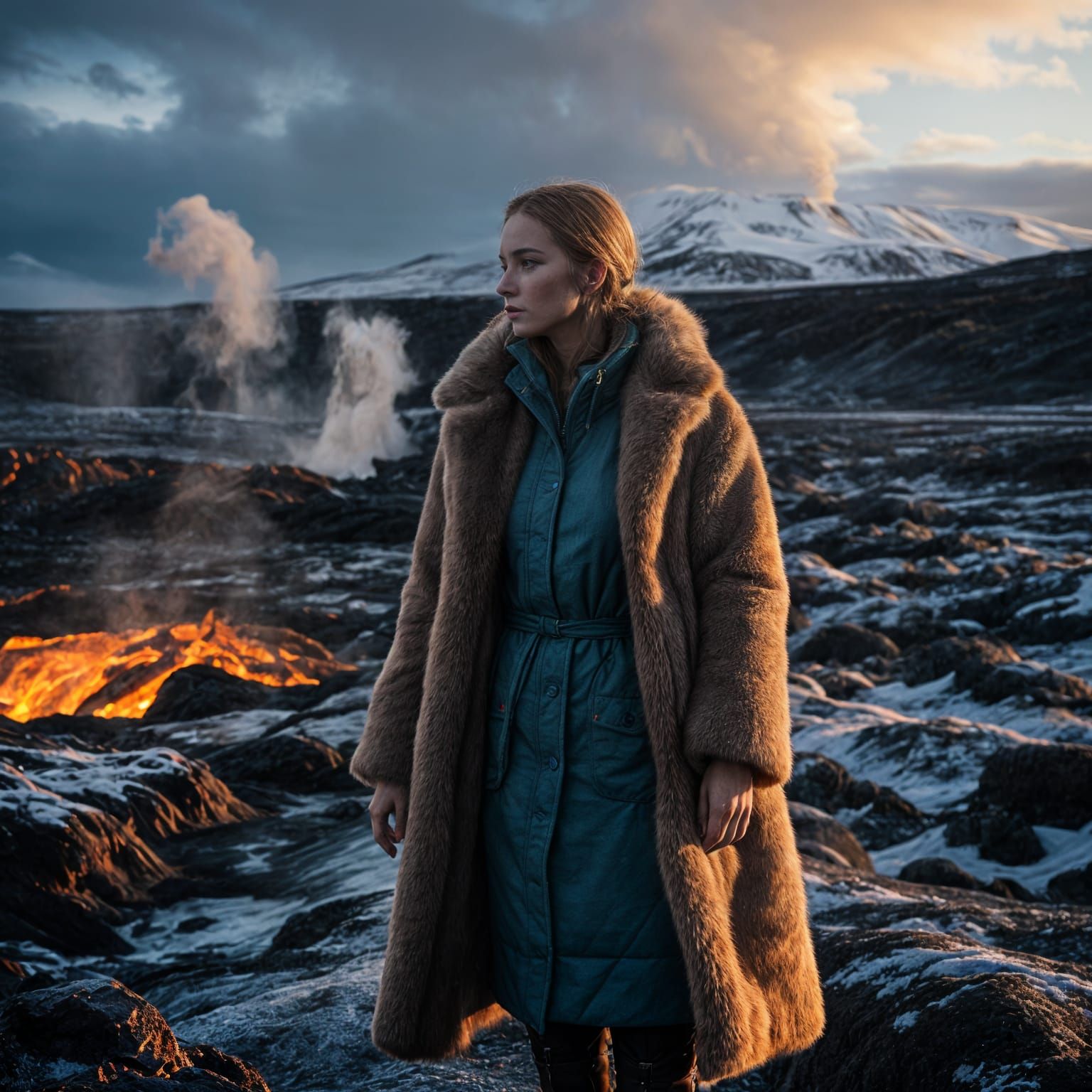 Hyperrealistic Icelandic Woman Contemplates Lava and Geyser