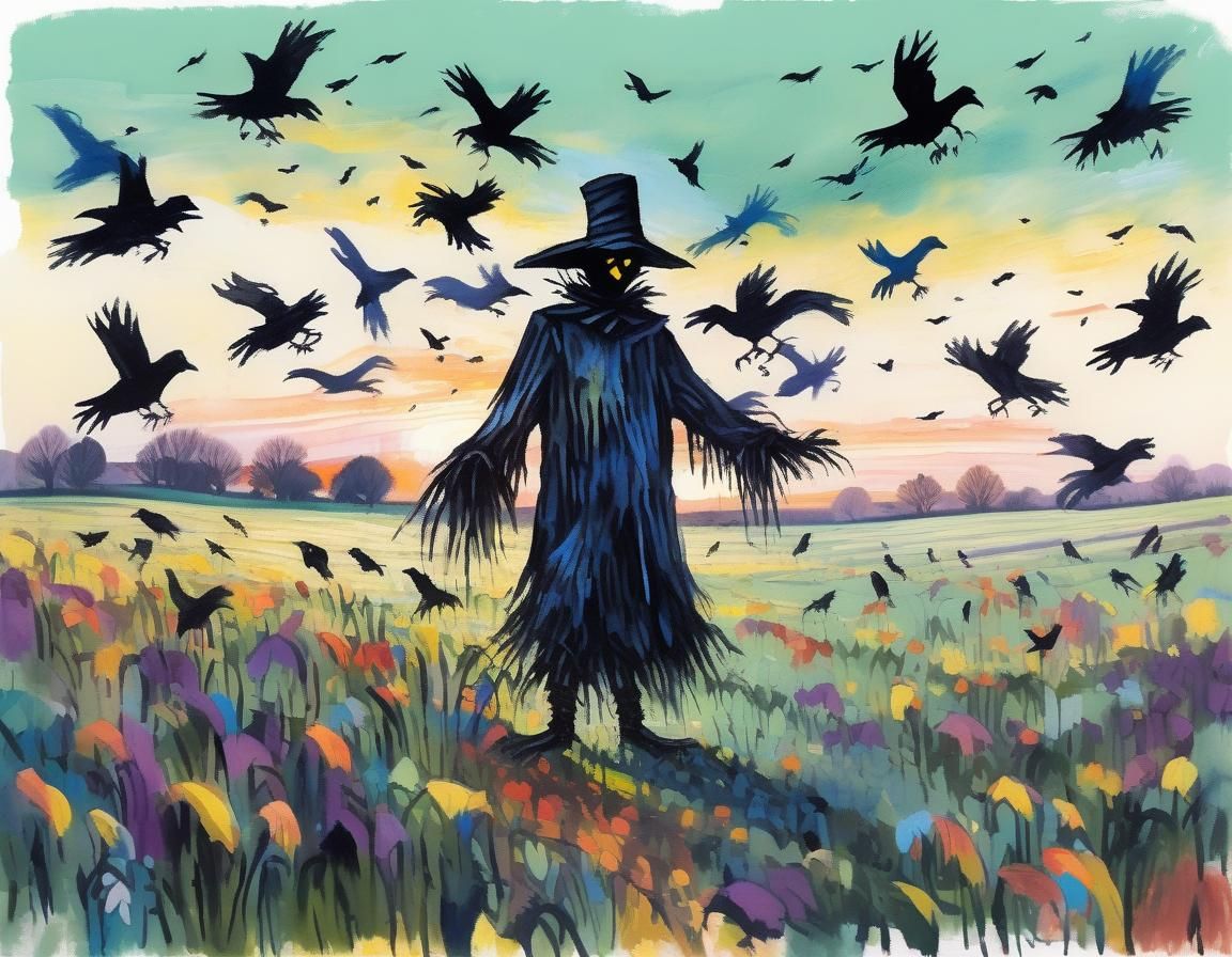 Colorful Spring Sunset Scarecrow Hand-Drawn Image