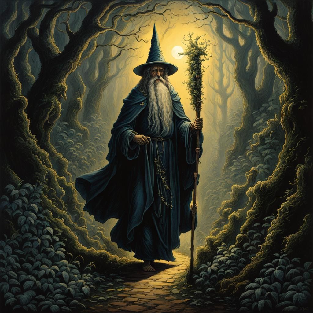Wizard Walks Forest Path in Dark Fantasy Art