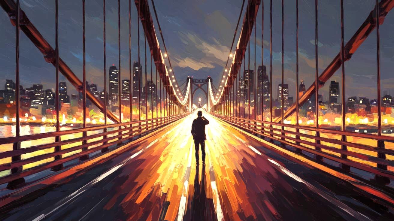 Midnight Bridge to Metropolis as Photorealistic Oil Painting