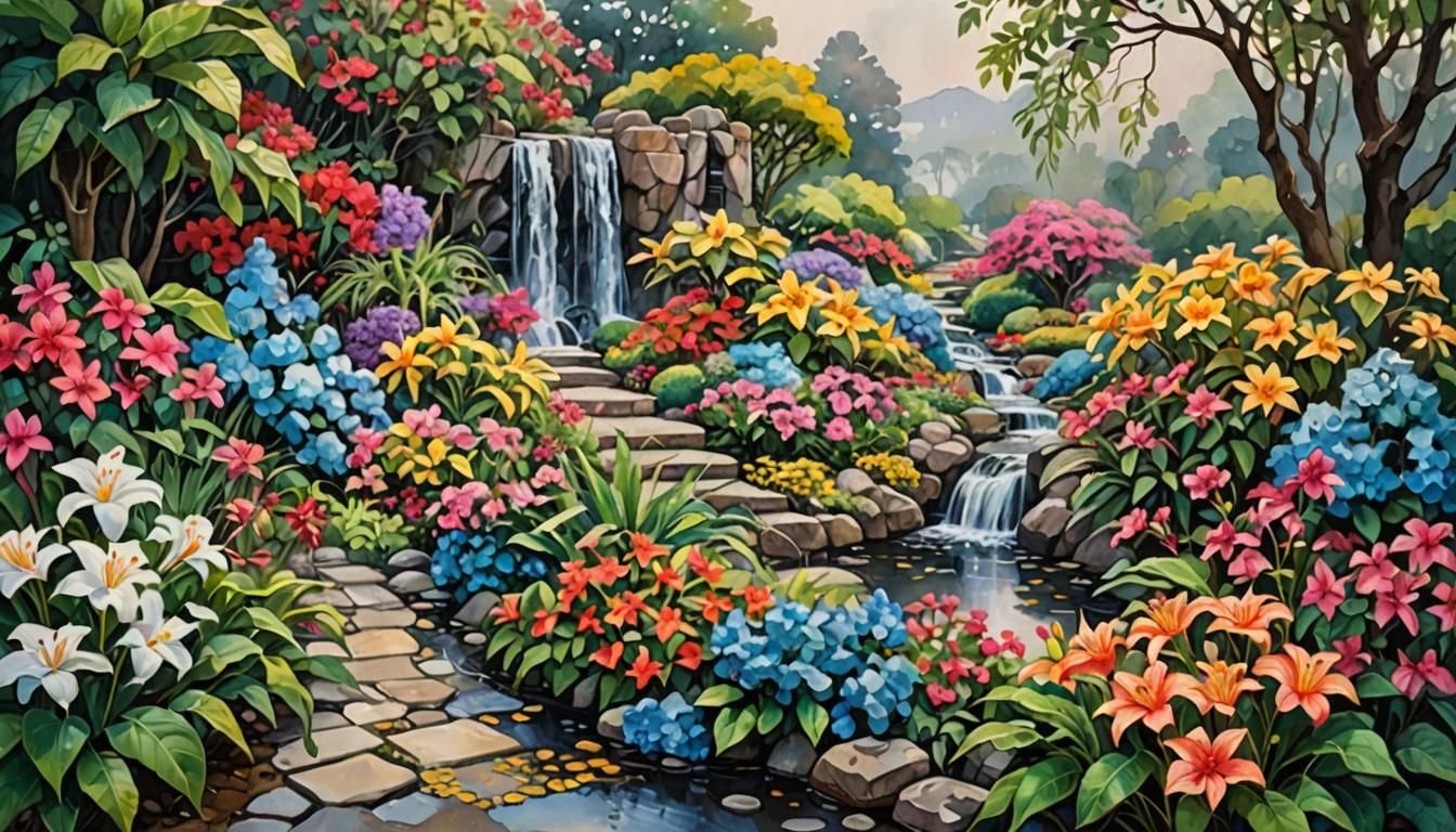 Spring Garden After Rain as Gouache Watercolor