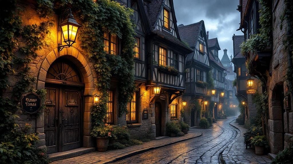 Medieval Town at Dusk: Cobblestone Streets in Romantic Light...