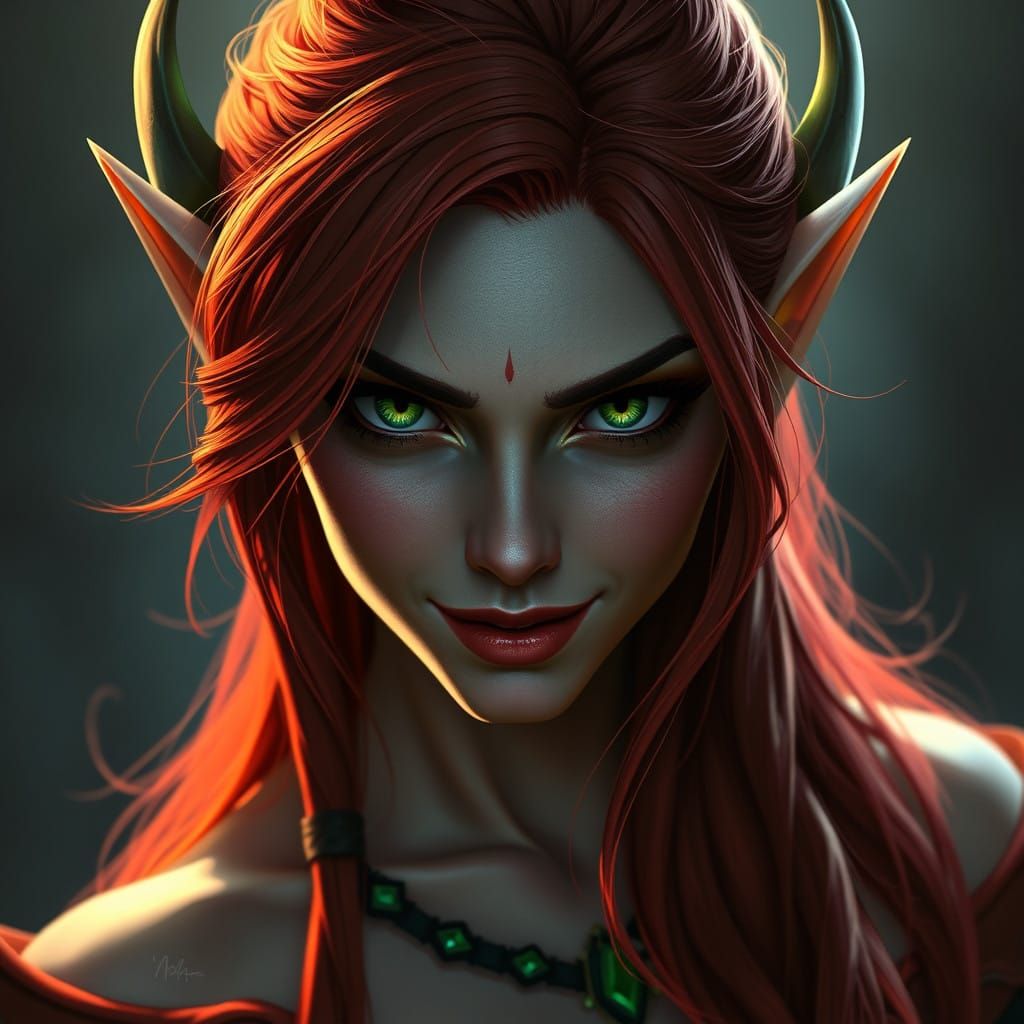 Enchanting Dark Elf Maiden with Fiery Locks and Emerald Eyes
