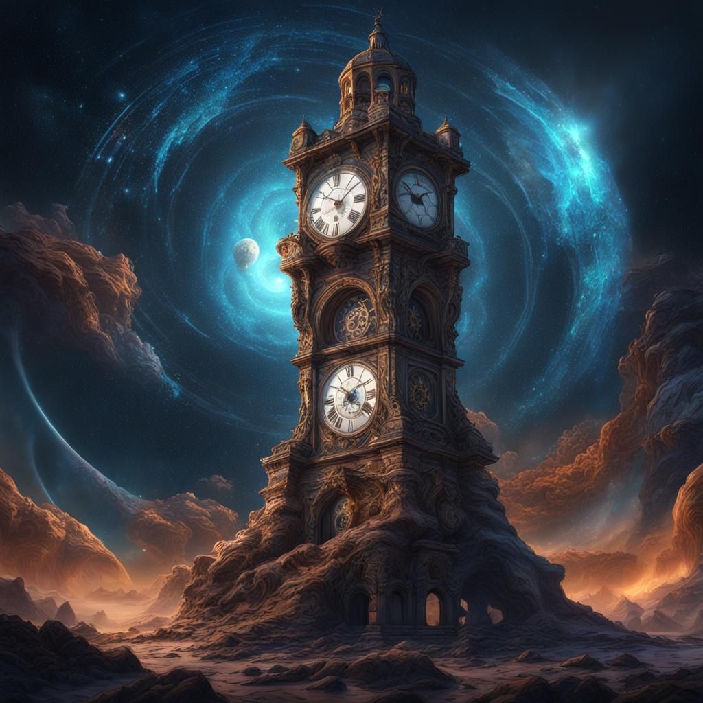 Cosmic Clocktower: A Surreal Galaxy Timepiece