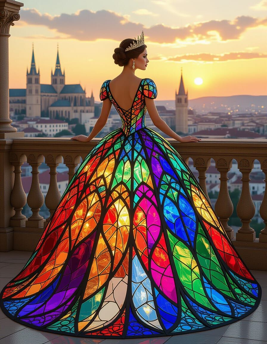 Queen in Stained Glass Gown Overlooking Medieval City