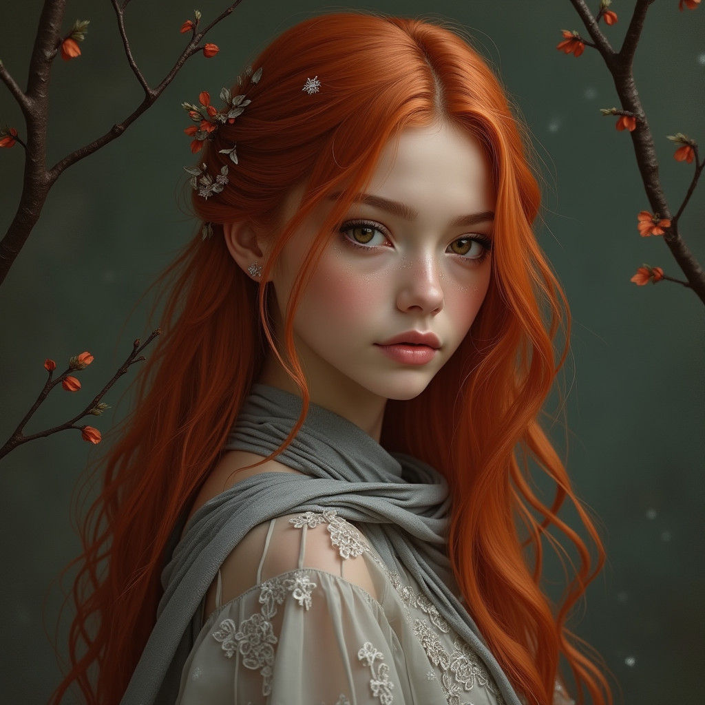 Enchanting Woman with Red Hair in Mystic Setting