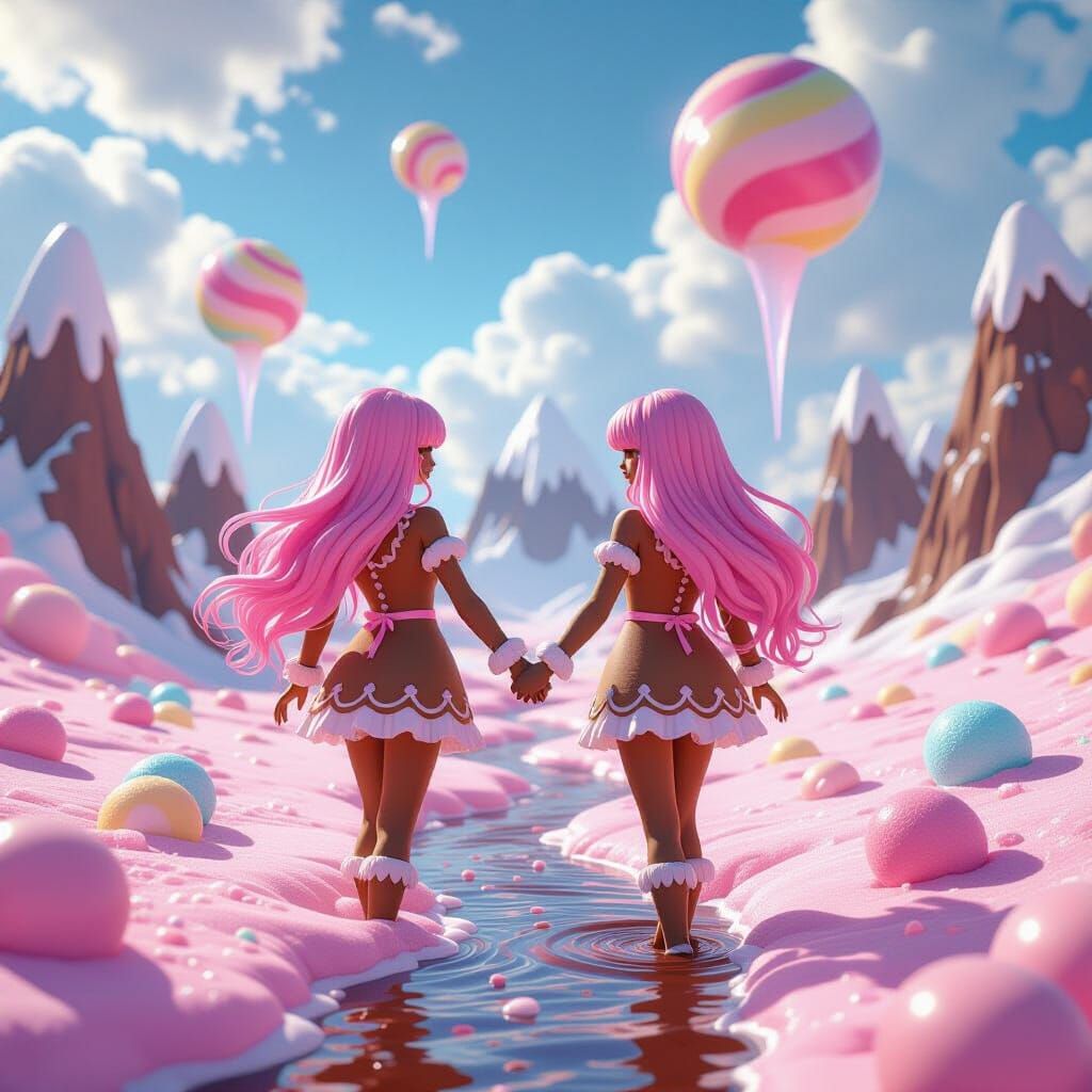 Gingerbread Women in Surreal Candy Landscape