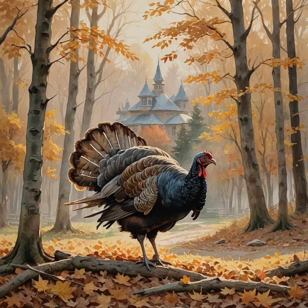 Majestic Turkey in Autumn Light, Gouache Watercolor