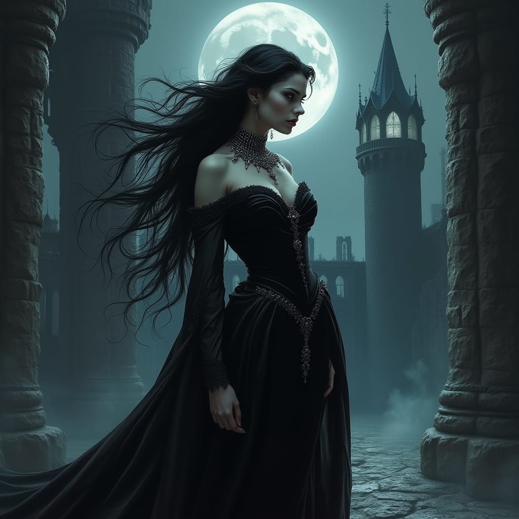 Vampire Countess in Gothic Castle, Dark Fantasy Art