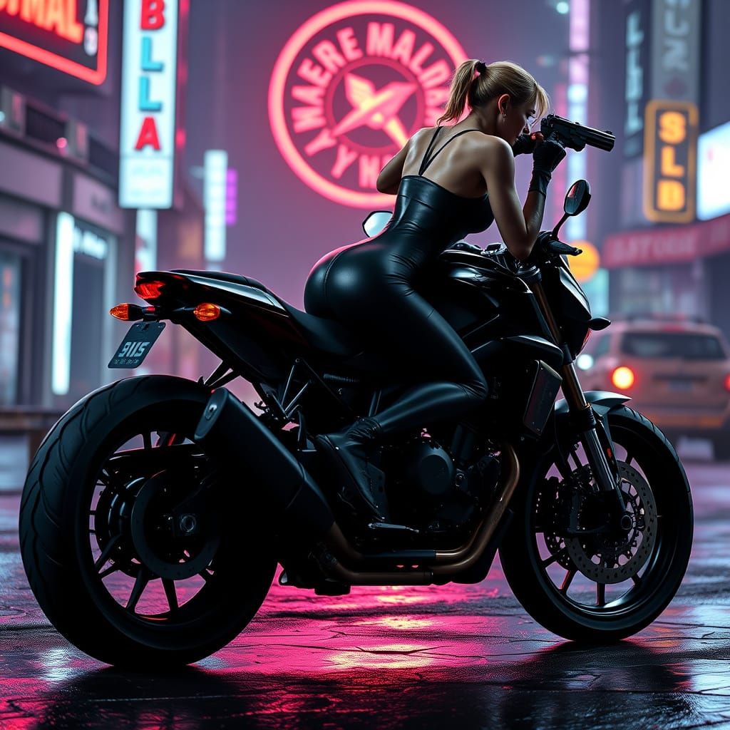 Gritty Female Biker in Neon-Lit Apocalypse