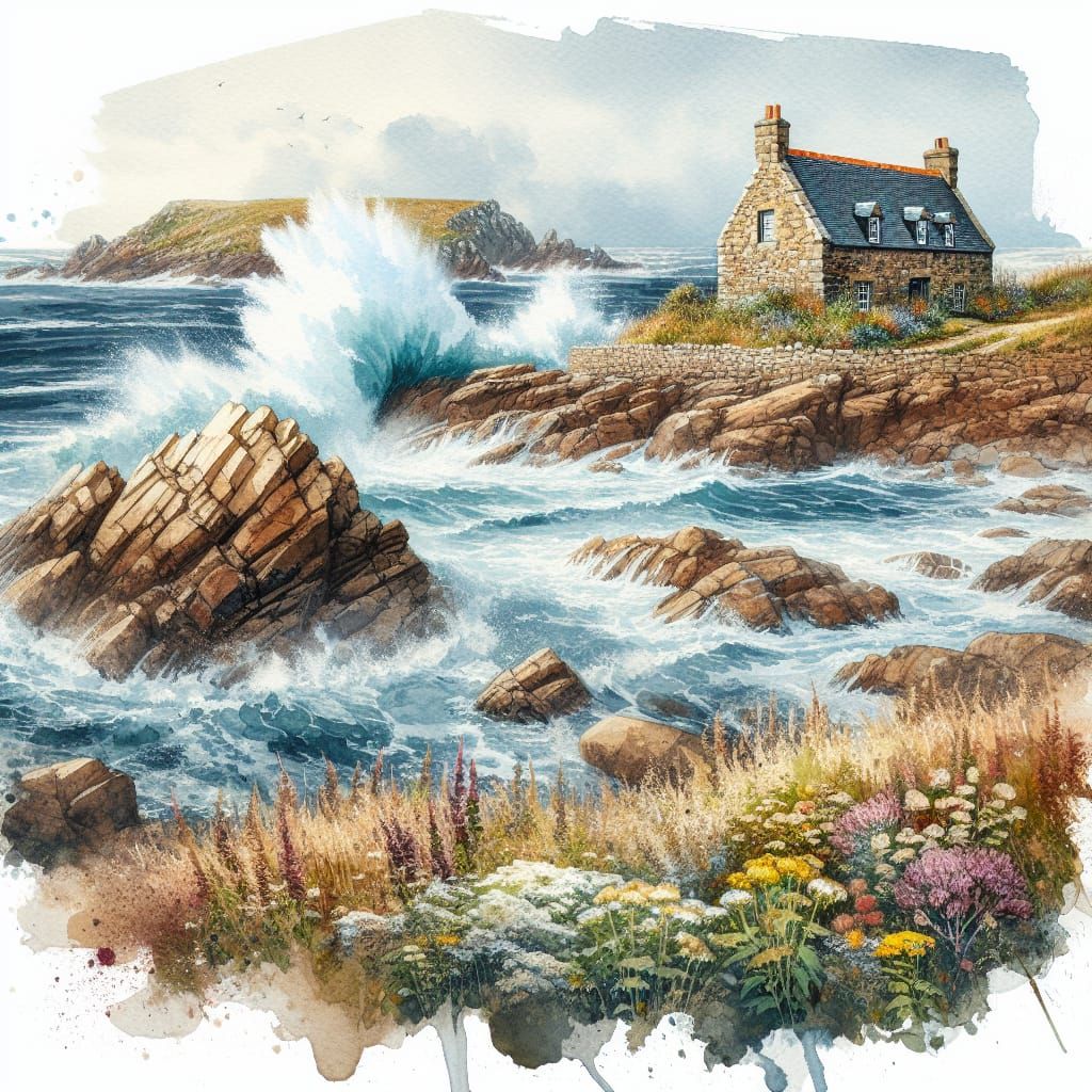Seaside Stone Cottage in Watercolour