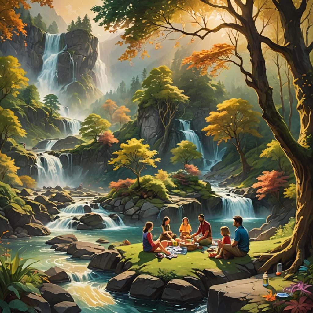 Picturesque Mountain Picnic in a Dreamy Oil Painting