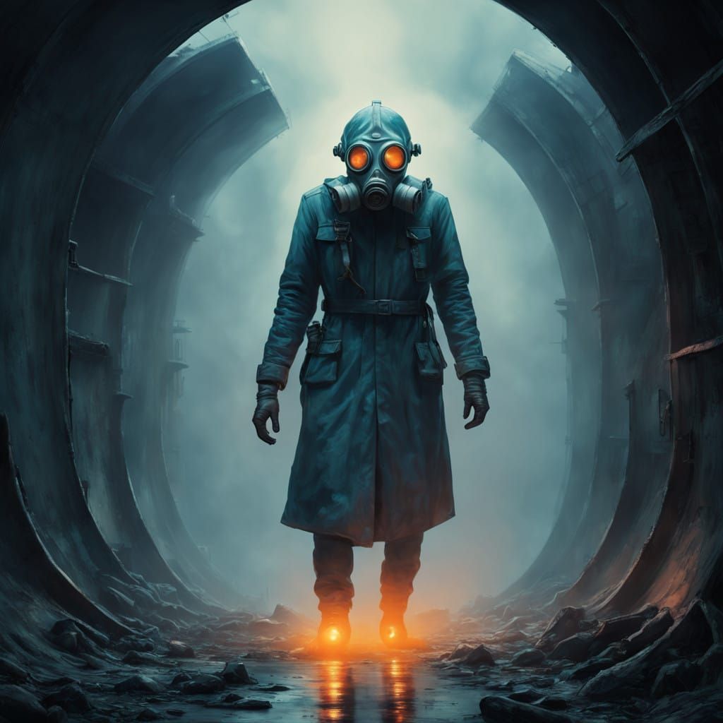Surrealist Fusion of Human and Gas Mask in Dystopian Tunnel