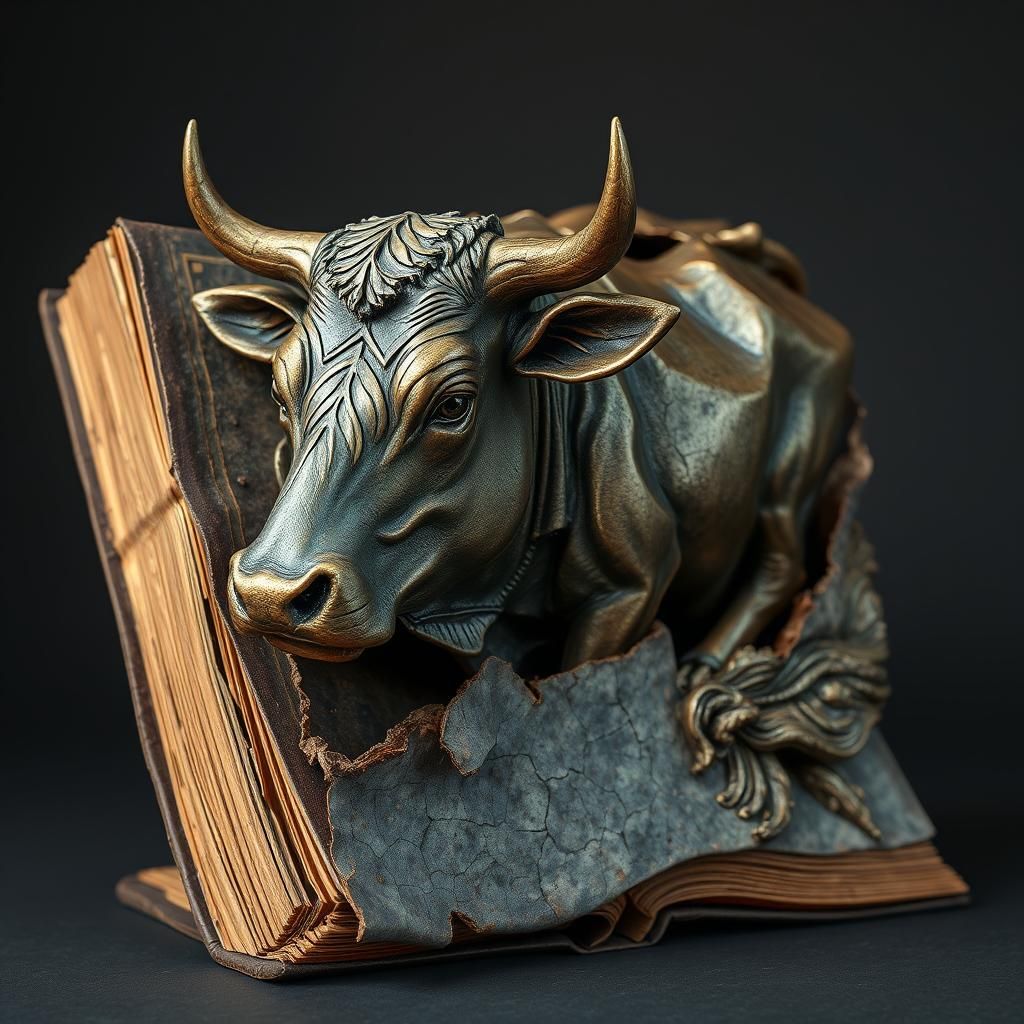 Surreal Bronze Cow Emerges From Book Sculpture