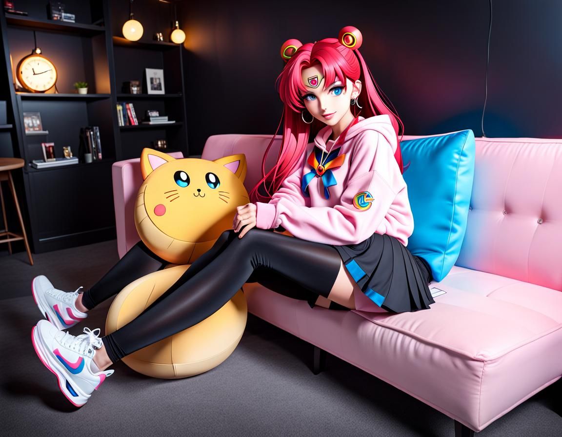 Anime Girl in Oversized Hoodie at Neon Clubhouse