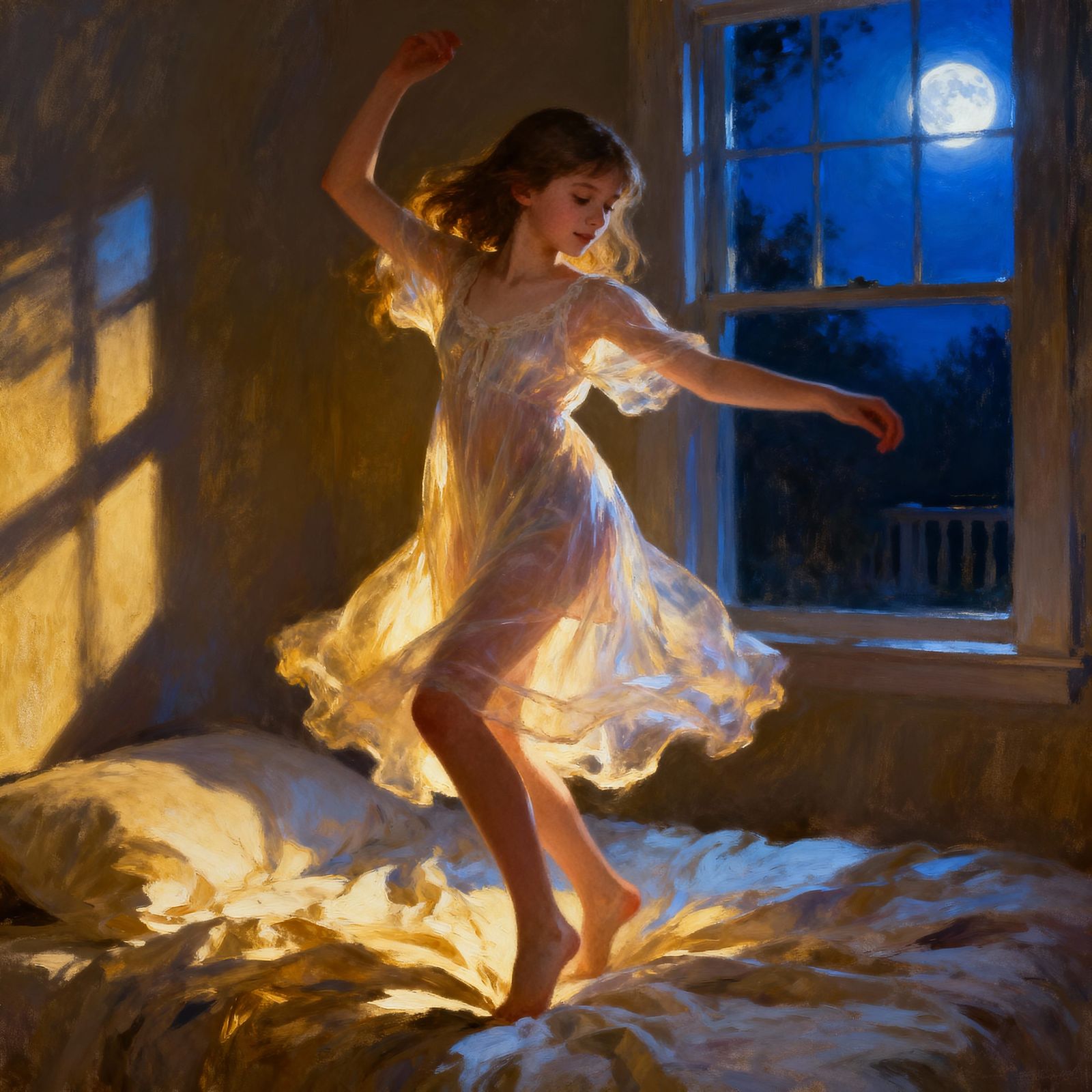 Teen Girl Dancing on Bed in Moonlight Oil Painting