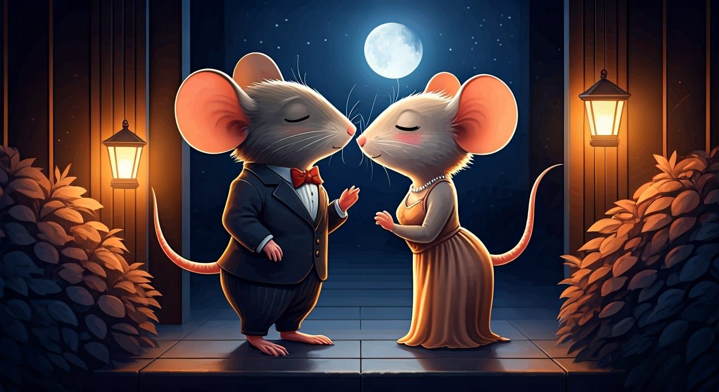 Romantic Mice Kiss in Dreamy Digital Illustration