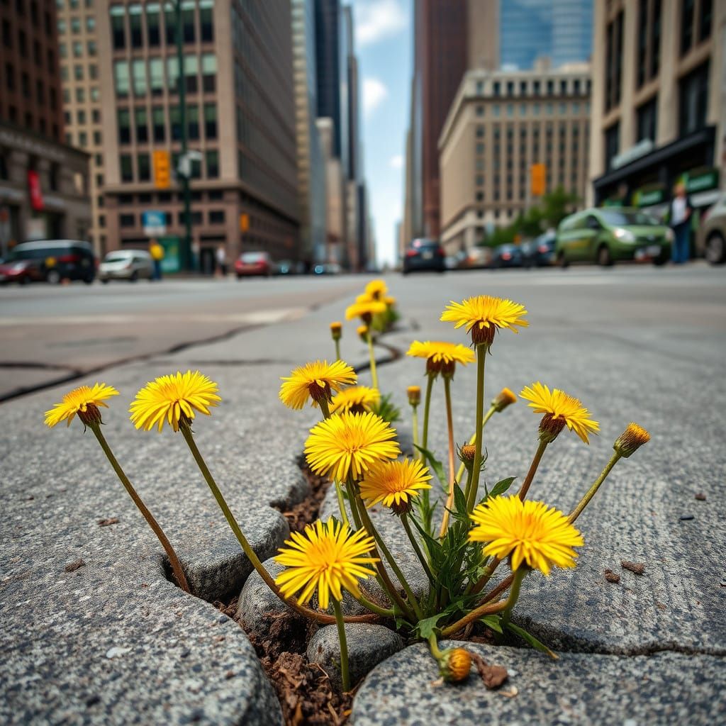 Vibrant Dandelions Emerge from City Streets in Impressionist...