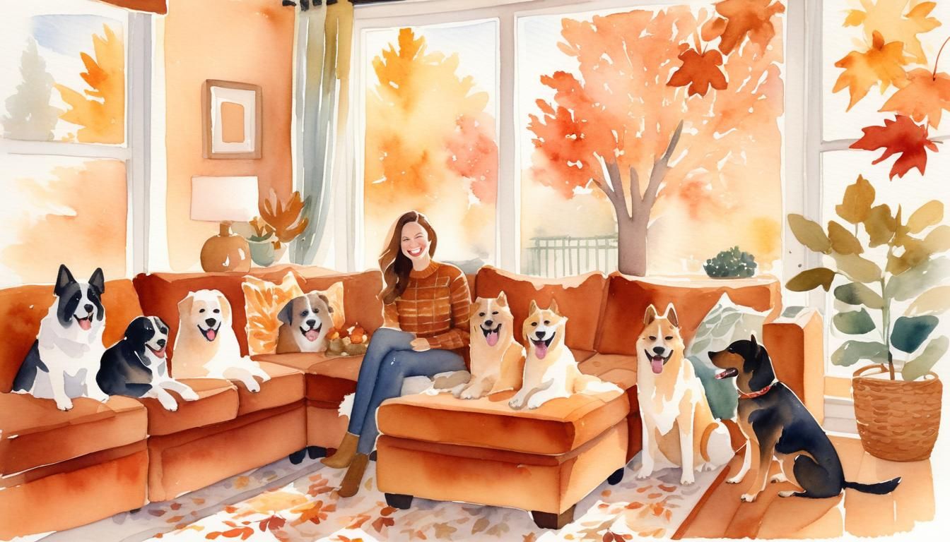 Cozy Autumn Scene with Woman and Dogs in Watercolor