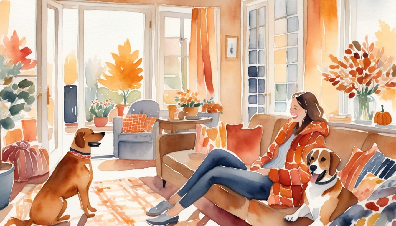 Cozy Autumn Living Room in Watercolor Style