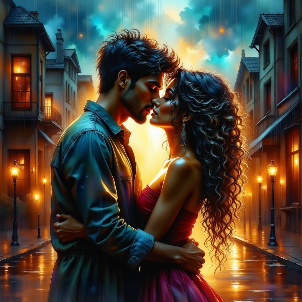 Husband and Wife Embrace in Rain, Digital Art