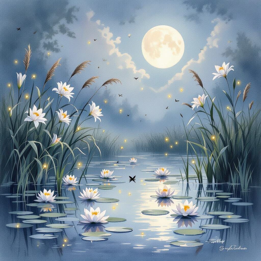 Twilight Lily Pond in Dreamy Watercolor Style