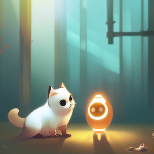 Kitten and Porg Playtime: Ghibli-Inspired Anime