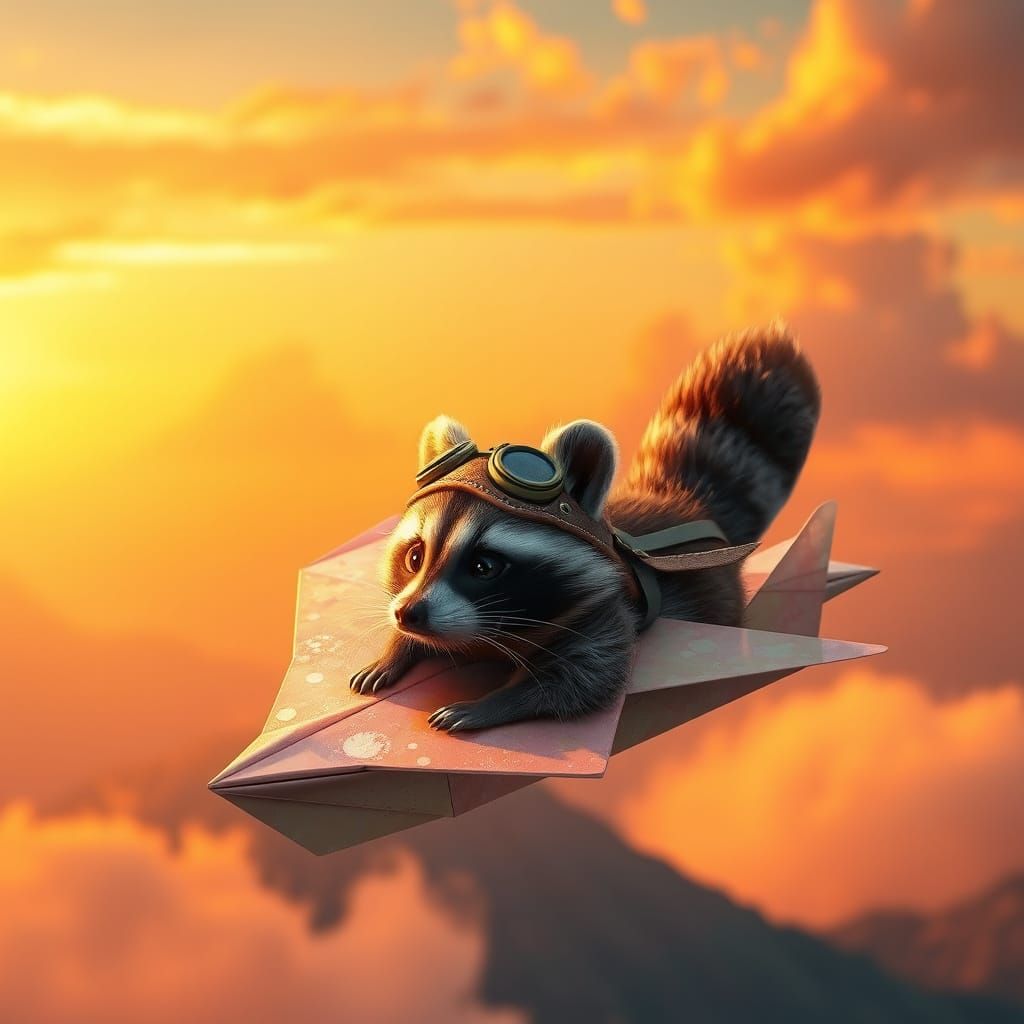 Whimsical Aviator Raccoon Soars Through Sunset Skies