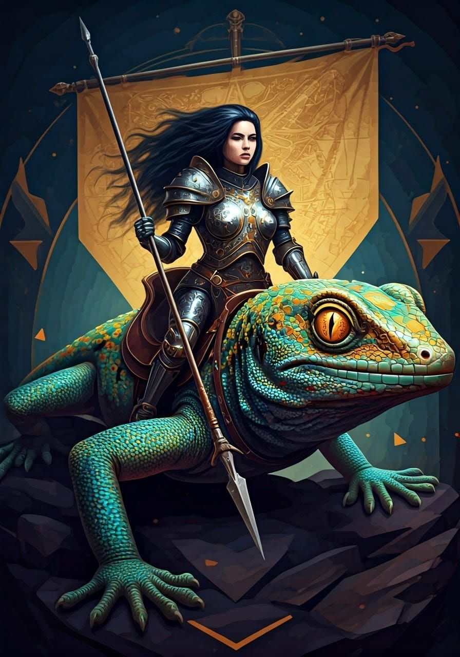 Cubist Armored Knight Rides Geometric Lizard