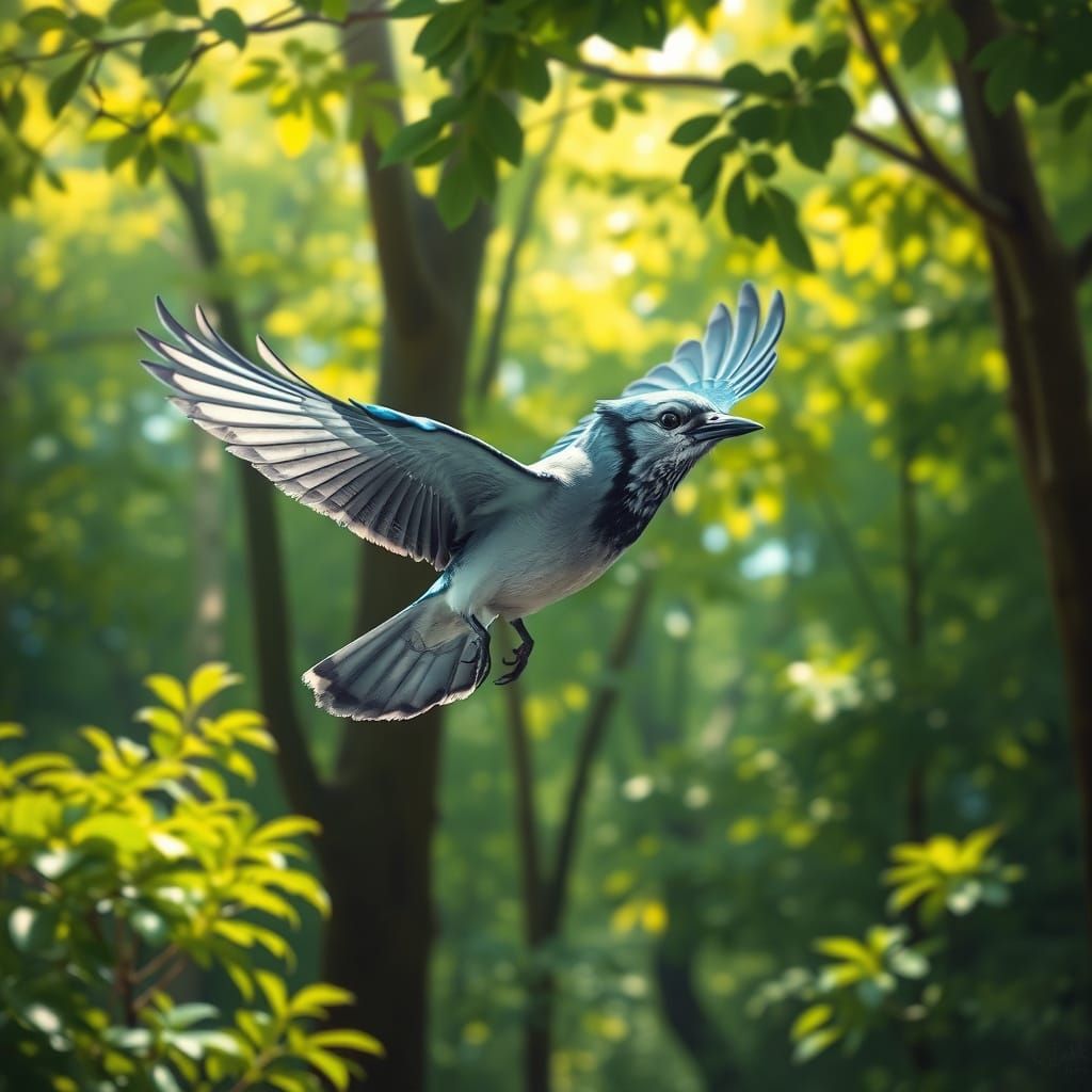 Bird in Flight Through a Lush Forest Landscape