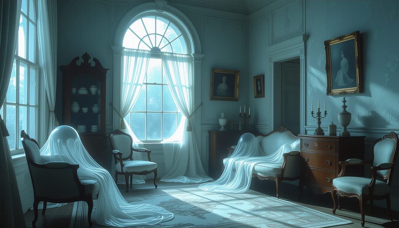 Spectral Victorian Room with Ethereal Creatures