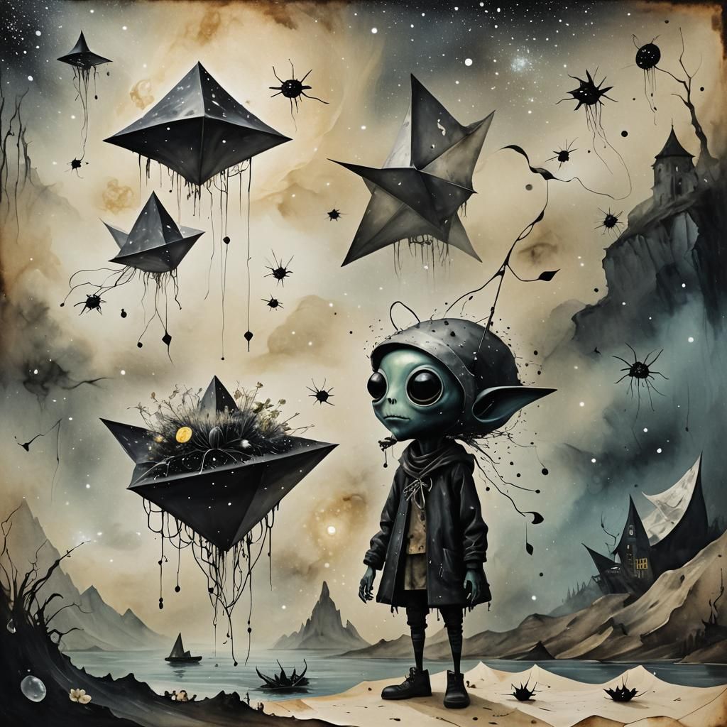 Surreal Alien Stargazing with Flower and Paper Boat