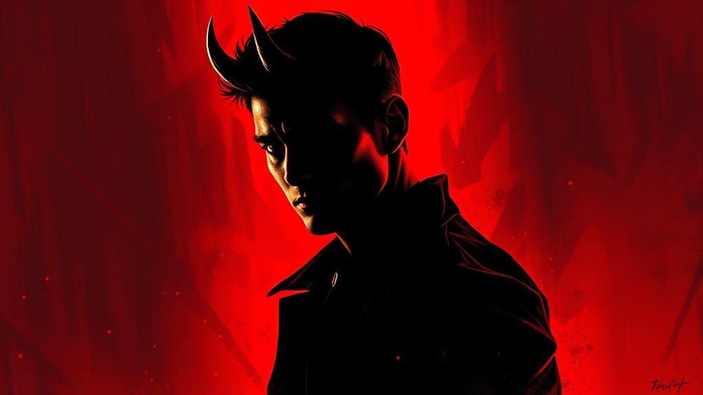 Surreal Portrait of a Handsome, Devilish Young Man in Dark,....