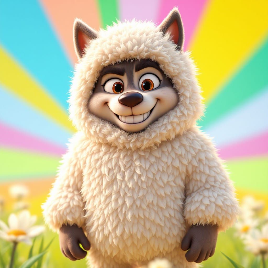 Mischievous Wolf in Sheep Costume Pixar Style
