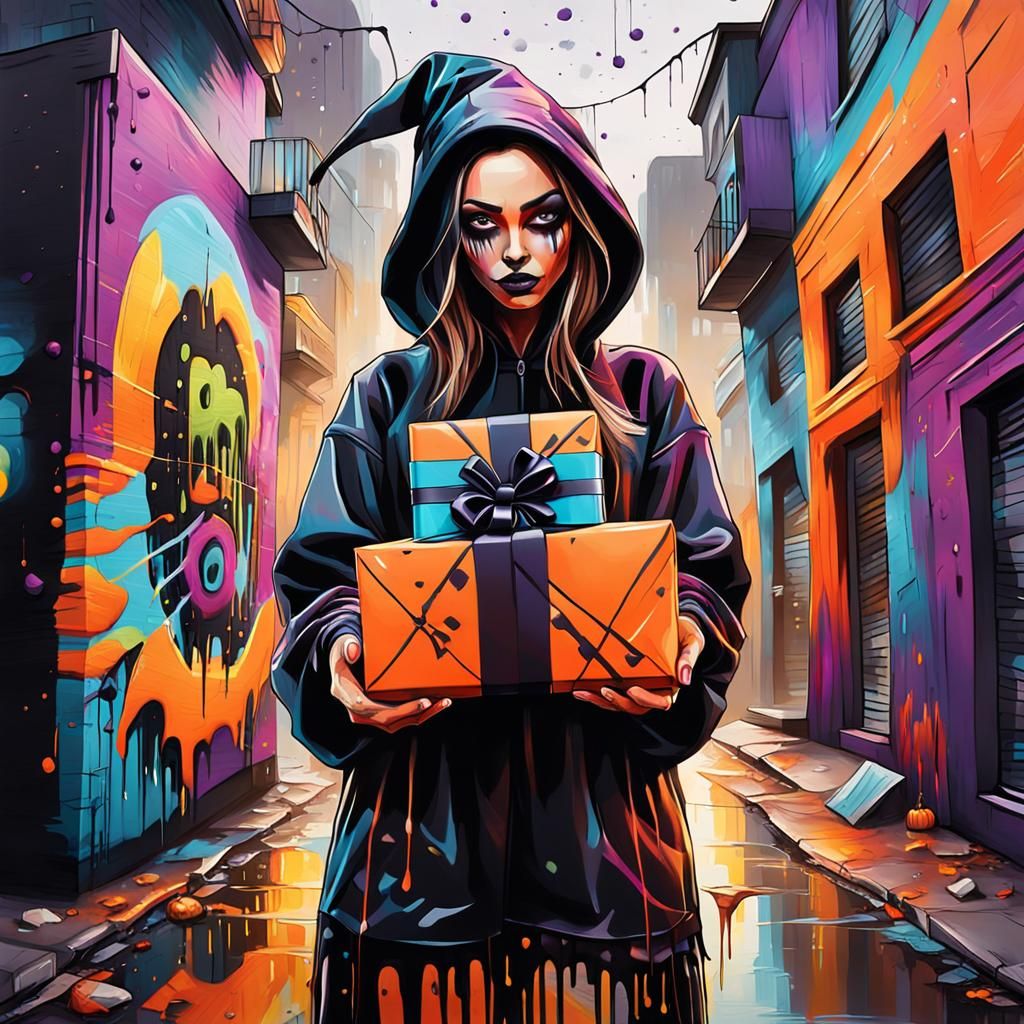 Girl in Halloween Costume with Graffiti Art Background