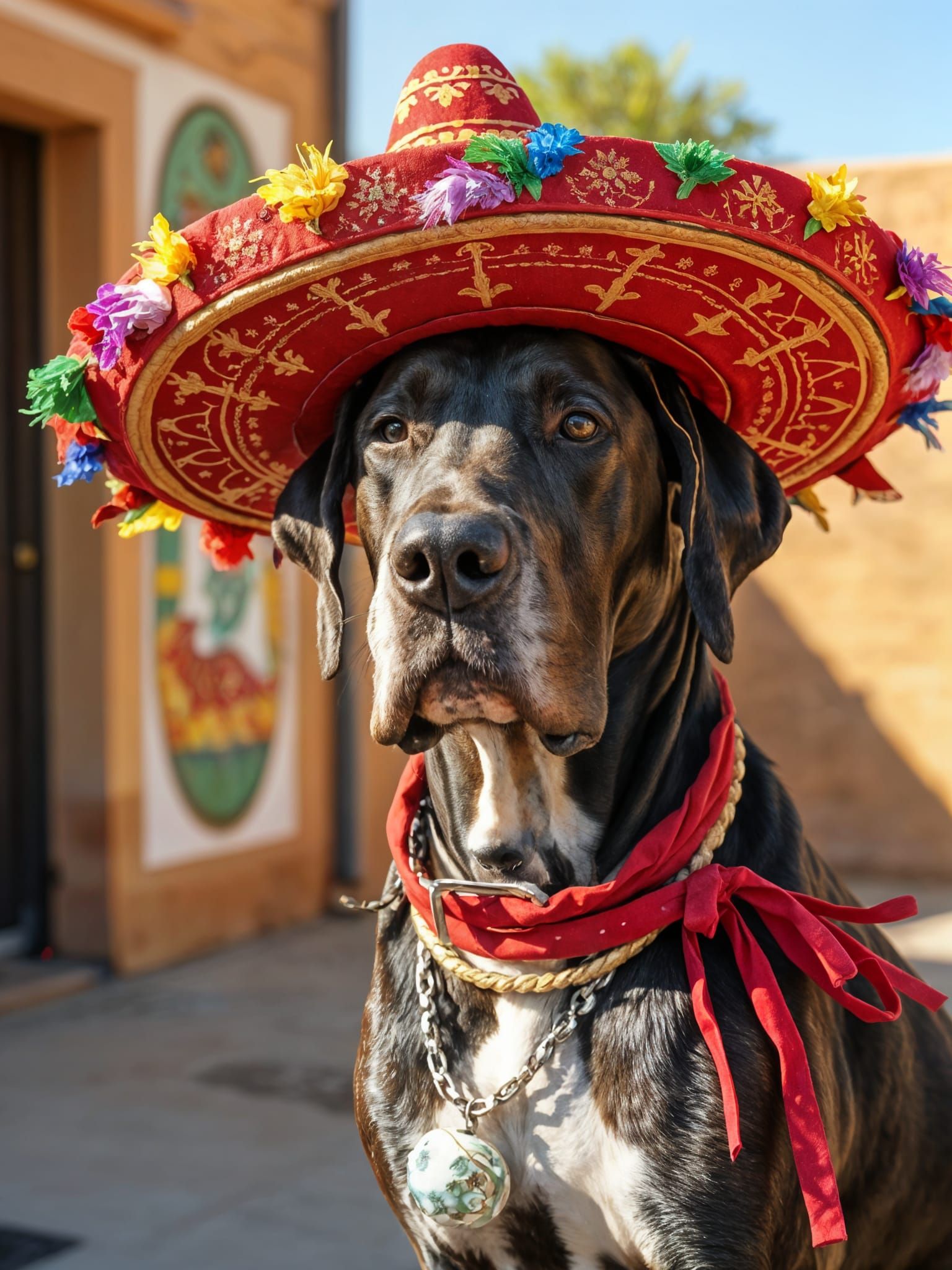 Great Dane in Sombrero, Hyper-Realistic Whimsy