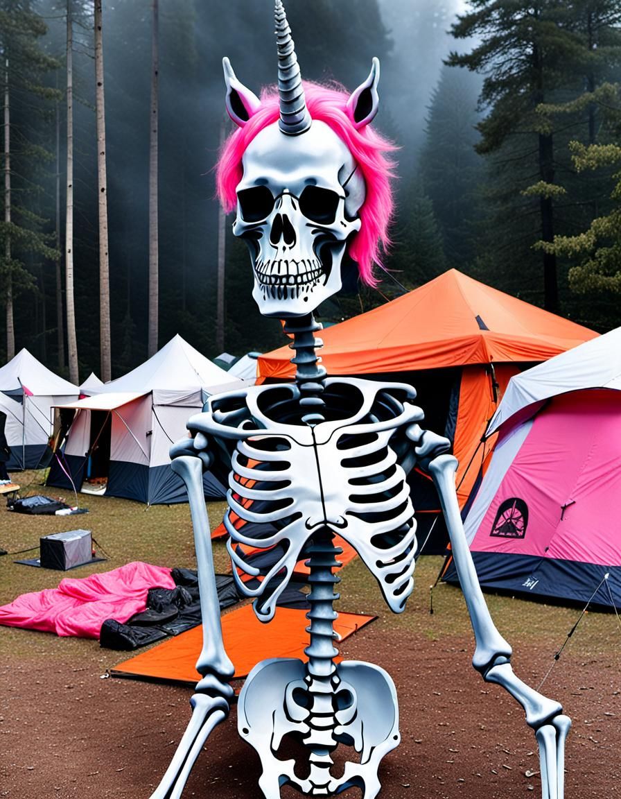 Surreal Protest Encampment with Unicorn Skeleton