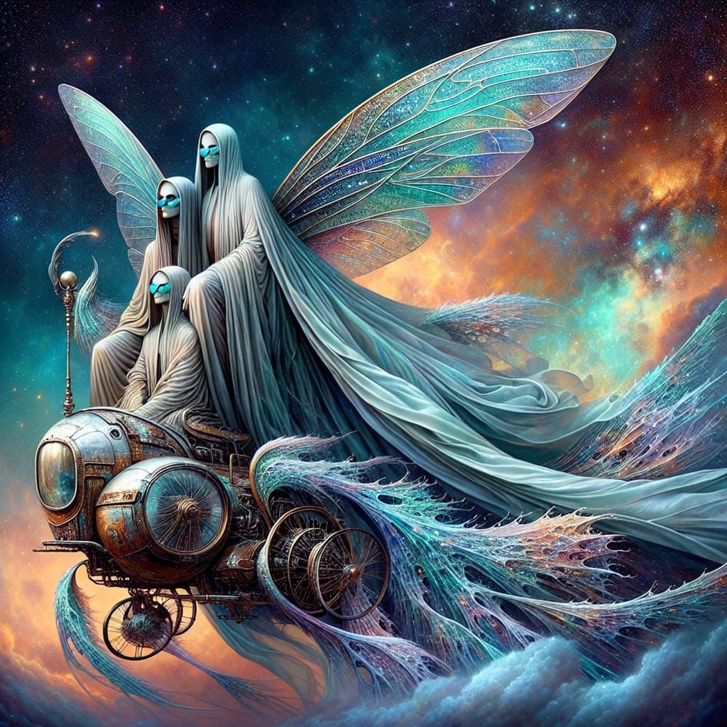 Ethereal Figure Embracing Masked Figures in Galaxy