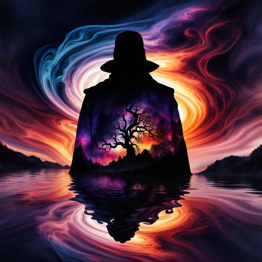 Dark Warlock Silhouette in Hyper-realistic Galaxy Sunset