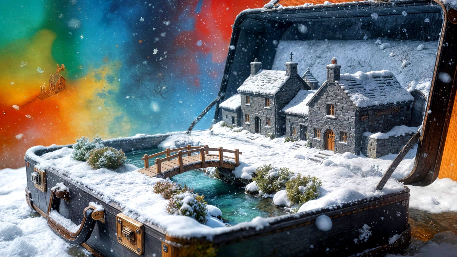 Miniature Snow Village Inside Open Suitcase
