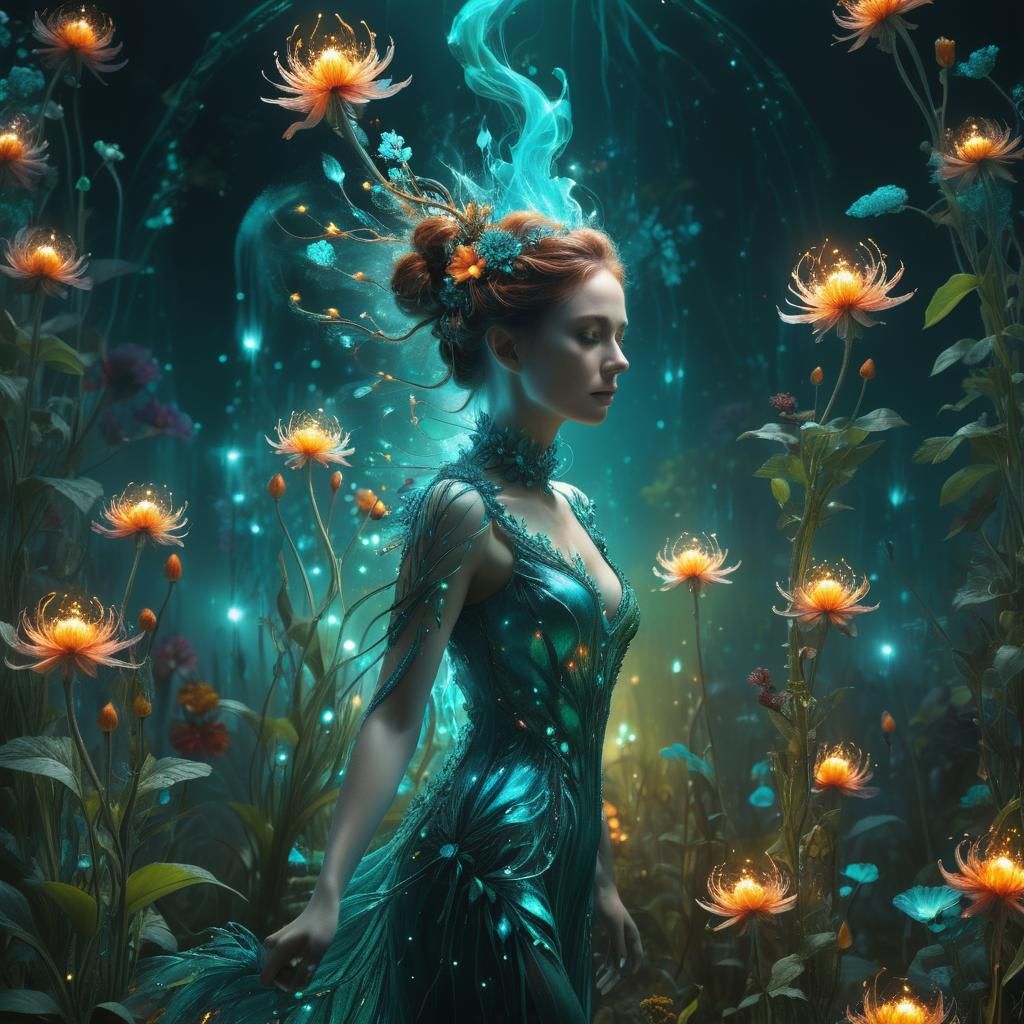 Magical Turquoise Garden with Bioluminescent Flowers