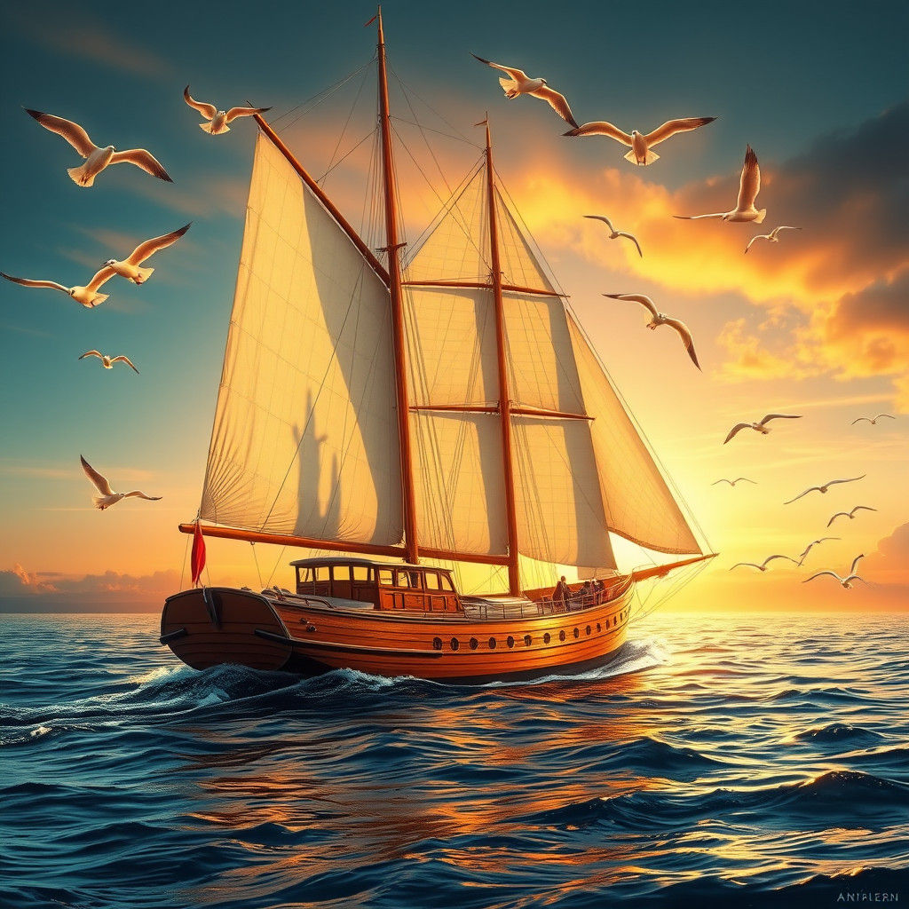 Sailing Boat at Sunset in Hyperrealistic Splash Art Style