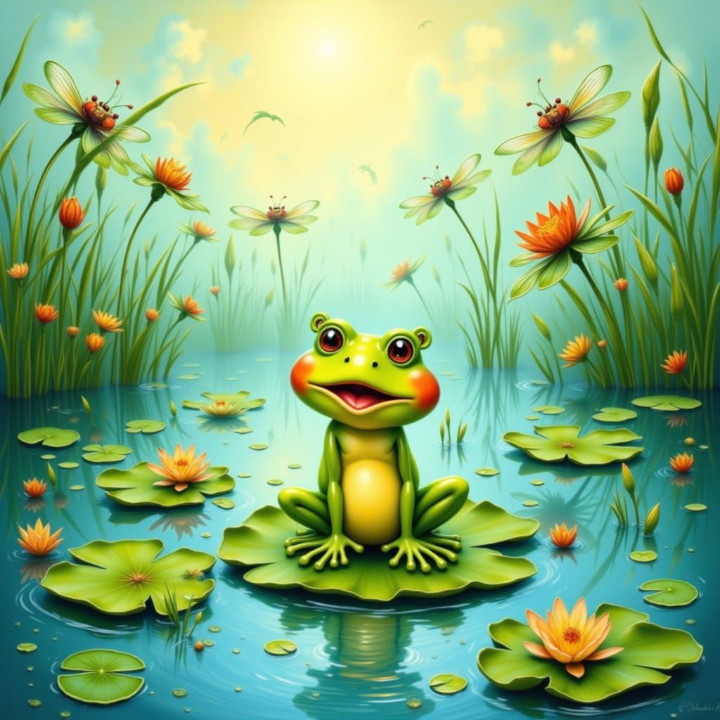 Frog's Triumph on Lily Pad Amidst Dragonflies