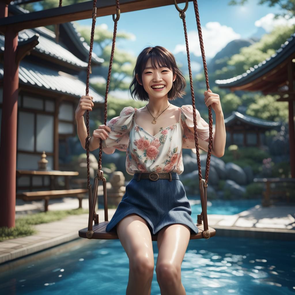 Smiling Girl Swinging: Detailed Fantasy Concept Art