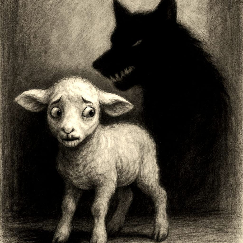 Nervous Lamb and Ominous Wolf Shadow